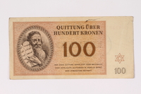 1992.132.21 front
Theresienstadt ghetto-labor camp scrip, 100 kronen note acquired by a Jewish Czech woman

Click to enlarge
