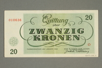 2017.478.2 back
Theresienstadt ghetto-labor camp scrip, 20 kronen note, acquired by the Hidden Child Foundation

Click to enlarge
