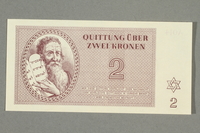 1999.A.0036.5 front
Theresienstadt ghetto-labor camp scrip, 2 kronen note

Click to enlarge