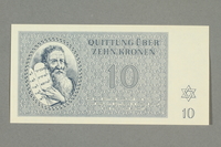 1999.A.0036.9 front
Theresienstadt ghetto-labor camp scrip, 10 kronen note

Click to enlarge