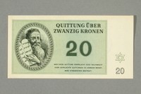 1999.A.0036.10 front
Theresienstadt ghetto-labor camp scrip, 20 kronen note

Click to enlarge