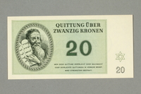 1999.A.0036.11 front
Theresienstadt ghetto-labor camp scrip, 20 kronen note

Click to enlarge