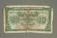 2012.478.5 front
Belgium, 10 francs or 2 belga note, acquired by a German Jewish refugee in the British army

Click to enlarge