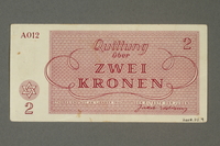 2018.70.9 back
Theresienstadt ghetto-labor camp scrip, 2 kronen note, issued to a German Jewish inmate

Click to enlarge