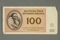 2018.70.14 front
Theresienstadt ghetto-labor camp scrip, 100 kronen note, issued to a German Jewish inmate

Click to enlarge