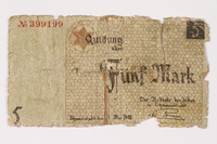 1992.179.3 front
Łódź ghetto scrip, 5 mark note

Click to enlarge