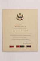 2013.508.3 front
Three ribbon bars on a service certificate awarded posthumously for a US soldier

Click to enlarge