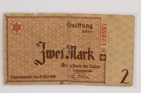 2012.409.9 front
Łódź (Litzmannstadt) ghetto scrip, 2 mark note acquired by a Hungarian Jewish youth and former concentration camp inmate

Click to enlarge