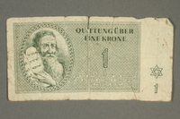 2018.102.4 front
Theresienstadt ghetto-labor camp scrip, 1 krone note, belonging to an Austrian Jewish woman

Click to enlarge