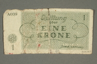 2018.102.4 back
Theresienstadt ghetto-labor camp scrip, 1 krone note, belonging to an Austrian Jewish woman

Click to enlarge