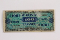 2012.409.12 front
Allied Military currency for France, 100 franc bank note owned by a Hungarian Jewish concentration camp inmate

Click to enlarge