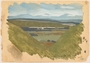 Watercolor of a green valley near mountain lookout created by a Jewish soldier, 2nd Polish Corps
