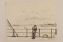 Pencil drawing of a man at a ship's rail with Mt. Vesuvius in the distance by a Jewish soldier, 2nd Polish Corps