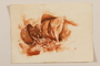 Brown and orange watercolor of the corpse of a German soldier near Monte Cassino by a Jewish soldier, 2nd Polish Corps
