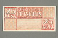2018.229.5 front
Westerbork transit camp voucher, 25 cent note, acquired by a former inmate

Click to enlarge