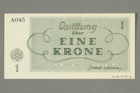 2016.552.6 back
Theresienstadt ghetto-labor camp scrip, 1 krone note, belonging to a German Jewish woman

Click to enlarge