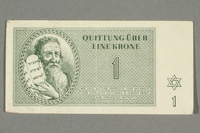 2016.552.8 front
Theresienstadt ghetto-labor camp scrip, 1 krone note, belonging to a German Jewish woman

Click to enlarge