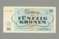 2016.552.29 back
Theresienstadt ghetto-labor camp scrip, 50 kronen note, belonging to a German Jewish woman

Click to enlarge