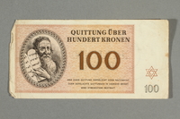 2016.552.35 front
Theresienstadt ghetto-labor camp scrip, 100 kronen note, belonging to a German Jewish woman

Click to enlarge