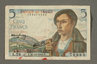 2018.426.13 front
Vichy France currency, 5 franc note, acquired by an American internee

Click to enlarge