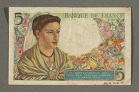 2018.426.13 back
Vichy France currency, 5 franc note, acquired by an American internee

Click to enlarge