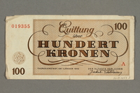 2018.427.3 back
Theresienstadt ghetto-labor camp scrip, 100 kronen note, given to German Jewish prisoner

Click to enlarge