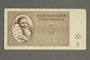 Theresienstadt ghetto-labor camp scrip, 5 kronen note, acquired by Marietta Gruenbaum