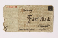 1992.26.3 front
Łódź ghetto scrip, 5 mark note

Click to enlarge