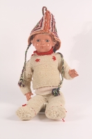 1992.4.1 a-f front
Doll's offwhite hand knit wool sweater and pants with red flowers made by a young girl after her release from Theresienstadt

Click to enlarge