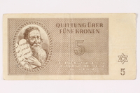 1992.62.3 front
Theresienstadt ghetto-labor camp scrip, 5 kronen note

Click to enlarge