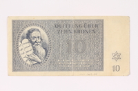1992.62.4 front
Theresienstadt ghetto-labor camp scrip, 10 kronen note

Click to enlarge