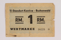 1993.34.8 front
Buchenwald Standort-Kantine concentration camp scrip, 1 Reichsmark, issued to a Polish Jewish inmate

Click to enlarge