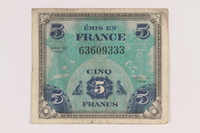 2013.442.18 front
Allied Military Authority currency, 5 francs, for use in France, acquired by a US soldier

Click to enlarge
