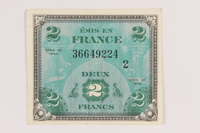2012.442.19 front
Allied Military Authority currency, 2 francs, for use in France, acquired by a US soldier

Click to enlarge