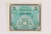 2013.442.20 front
Allied Military Authority currency, 2 francs, for use in France, acquired by a US soldier

Click to enlarge