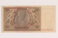 2013.442.43 back
Weimar Germany, 20 mark note, acquired by a US soldier

Click to enlarge