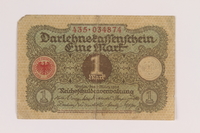 2013.455.2 front
Imperial Germany, Darlehnskassenschein [State Loan Office] 1 mark note from the album of a Waffen-SS officer acquired by an American soldier

Click to enlarge