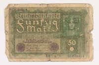 2013.455.4 front
Imperial Germany, 50 mark note, series 1, from the album of a Waffen-SS officer acquired by an American soldier

Click to enlarge