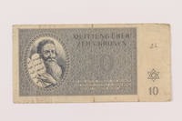 1994.80.2 front
Theresienstadt ghetto-labor camp scrip, 10 kronen note

Click to enlarge