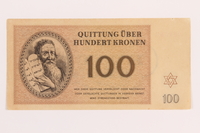 1989.178.7 front
Theresienstadt ghetto-labor camp scrip, 100 kronen note

Click to enlarge