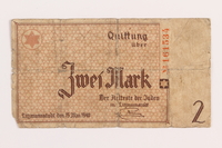 1989.207.10 front
Łódź ghetto scrip, 2 mark note, acquired by a Polish Jewish survivor

Click to enlarge