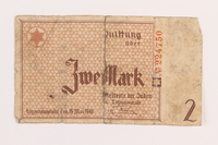 1989.207.8 front
Łódź ghetto scrip, 2 mark note, acquired by a Polish Jewish survivor

Click to enlarge