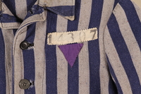 1989.248.1 detail
Concentration camp uniform jacket with a purple triangle worn by a Jehovah’s Witness inmate

Click to enlarge