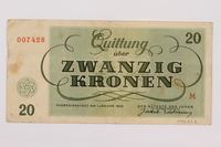 1995.83.5 back
Theresienstadt ghetto-labor camp scrip, 20 kronen note

Click to enlarge